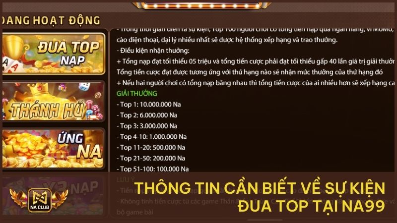 Đua Top Nạp – Cạnh Tranh Khốc Liệt, Phần Thưởng Cực Lớn 2 Thông tin cần biết về sự kiện đua top tại NA99