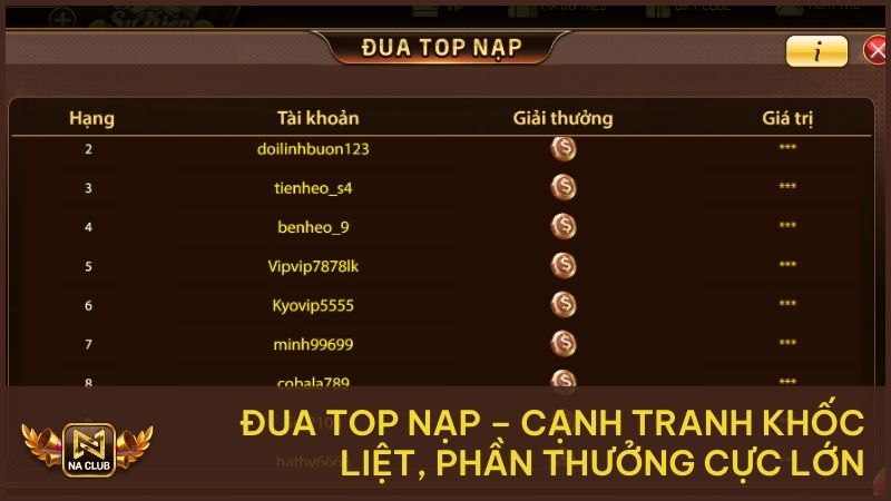 Đua Top Nạp – Cạnh Tranh Khốc Liệt, Phần Thưởng Cực Lớn 1 Đua Top Nạp – Cạnh Tranh Khốc Liệt, Phần Thưởng Cực Lớn